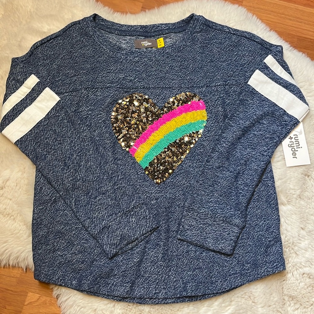 New RUMI + RYDER rainbow heart jersey long sleeve top StitchFix SZ medium 8–10 ￼